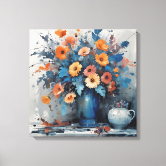 Lebhaftes BlumenBouquet in blauer Vase Leinwanddruck