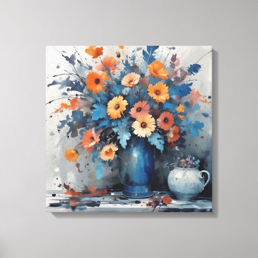 Lebhaftes BlumenBouquet in blauer Vase Leinwanddruck (Vorderseite)