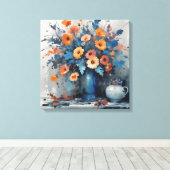 Lebhaftes BlumenBouquet in blauer Vase Leinwanddruck (Insitu (Holzboden))