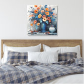 Lebhaftes BlumenBouquet in blauer Vase Leinwanddruck (Insitu (Schlafzimmer))