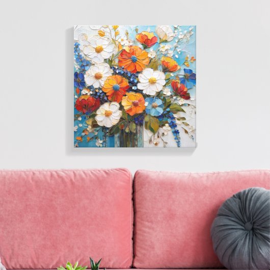 Lebhaftes BlumenBouquet in farbenfroher Vase Leinwanddruck (Insitu (Wohnzimmer))
