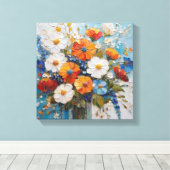 Lebhaftes BlumenBouquet in farbenfroher Vase Leinwanddruck (Insitu (Holzboden))