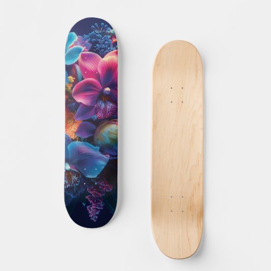 Lebhaftes BlumenBouquet mit Neon-Blume Skateboard (Vorderseite)