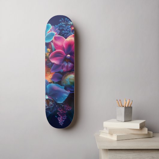 Lebhaftes BlumenBouquet mit Neon-Blume Skateboard (Wandkunst)