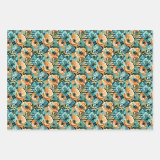 Lebhaftes Blumenmuster mit feinem, Aquamarinem, tü Geschenkpapier Set (Vorderseite 3)