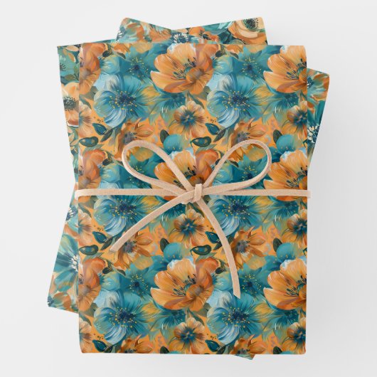 Lebhaftes Blumenmuster mit feinem, Aquamarinem, tü Geschenkpapier Set (Beispiel)