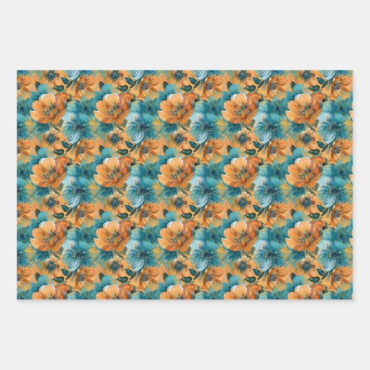 Lebhaftes Blumenmuster mit feinem, Aquamarinem, tü Geschenkpapier Set (Vorderseite)