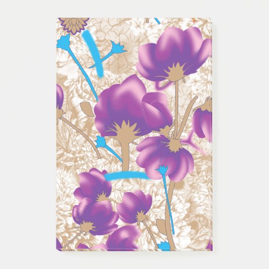 Lebhaftes Blumenmuster mit lila und blauem f Post-it Klebezettel (Vorderseite)