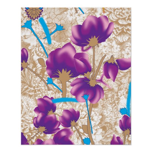 Lebhaftes Blumenmuster mit lila und blauem f Poster (Vorderseite)