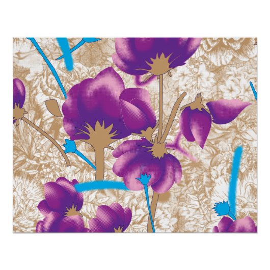 Lebhaftes Blumenmuster mit lila und blauem f Poster (Vorderseite)