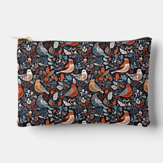 Lebhaftes Blumenmuster und Vögel Nordisches Muster Zubehörtasche (Vorderseite)