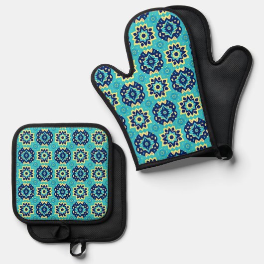 Lebhaftes Boho Chic Geometric Floral Pattern Ofenhandschuh & Topflappen-Set (Vorderseite/Rückseite)