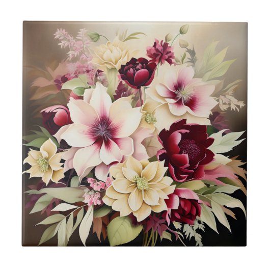 Lebhaftes Bouquet aus Burgund und Creme-Blume Fliese (Vorderseite)