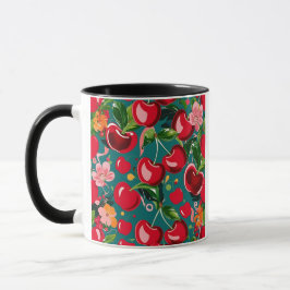 Lebhaftes Cherry- und Blumenmuster auf Aquamarinem Tasse
