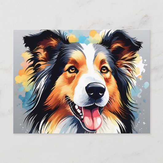 Lebhaftes Collie Dog Watercolor Portrait Postkarte (Vorderseite)