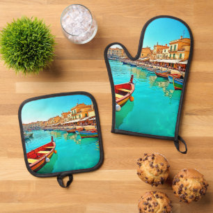 Lebhaftes Design für mediterrane Port Life Ofenhandschuh & Topflappen-Set
