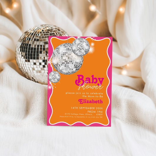Lebhaftes Design für Orange Pink Disco Ball Baby D Einladung