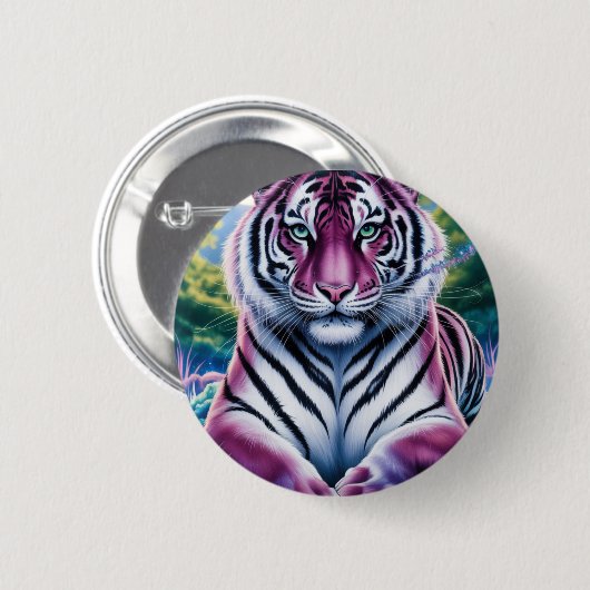 Lebhaftes Fantasy Tiger Portrait | exotisch Button (Vorne & Hinten)