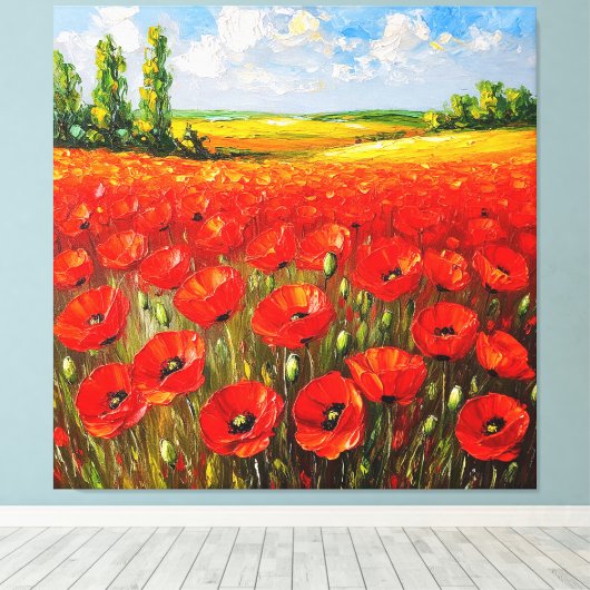 Lebhaftes Feld blühender roter Pflaumen Leinwanddruck (Insitu (Holzboden))