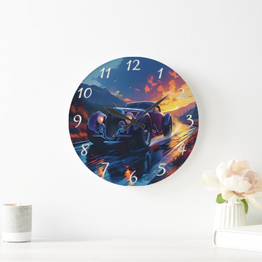 Lebhaftes frisierte Auto bei Sonnenuntergang auf e Große Wanduhr (Zuhause)