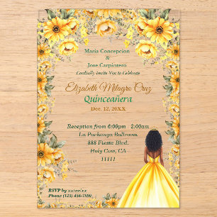 Lebhaftes gelbes Kleid und Afro-Frisur Quinceañera Acryleinladungen