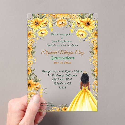 Lebhaftes Gelbes Kleid und Afro Hair Quinceñera Acryleinladungen (Insitu (Handheld))