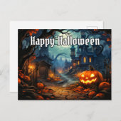 Lebhaftes glühendes Spooky Pumpkin Happy Halloween Postkarte (Vorne/Hinten)
