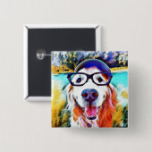 Lebhaftes Golden Retriever Nerd Brillen Gemälde Button (Vorne & Hinten)