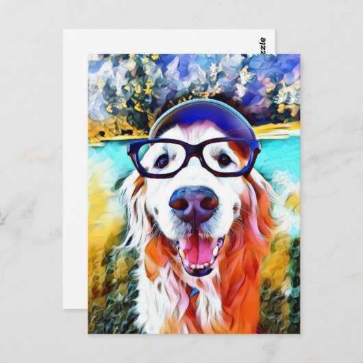 Lebhaftes Golden Retriever Nerd Brillen Gemälde Postkarte (Vorne/Hinten)