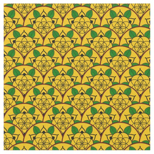 Lebhaftes goldgelbes Kreislaufmuster Stoff (Nahaufnahme)