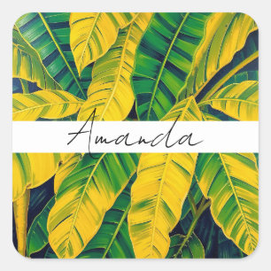 Lebhaftes Green & Yellow Banana Leaf Muster Quadratischer Aufkleber