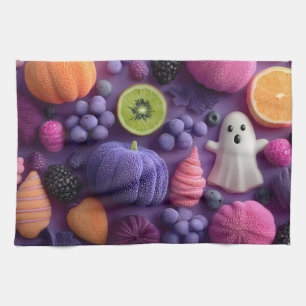 Lebhaftes Halloween Candy and Fruit Flat-Lay Geschirrtuch