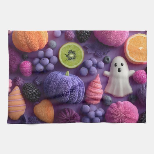 Lebhaftes Halloween Candy and Fruit Flat-Lay Geschirrtuch (Horizontal)