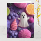 Lebhaftes Halloween Candy and Fruit Flat-Lay Karte (Gelbe Blume)