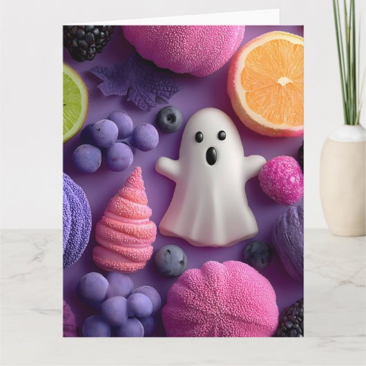 Lebhaftes Halloween Candy and Fruit Flat-Lay Karte (Vorderseite)