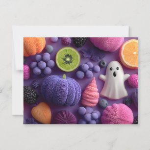 Lebhaftes Halloween Candy and Fruit Flat-Lay Postkarte