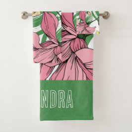 Lebhaftes handgezogenes blumenmonogramm Grün pink Badhandtuch Set