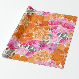 Lebhaftes, helles Rosa und orangefarbenes Blumenge Geschenkpapier