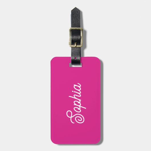 Lebhaftes Hot Pink | Ihr Name in Script Gepäckanhänger (Vorderseite vertikal)