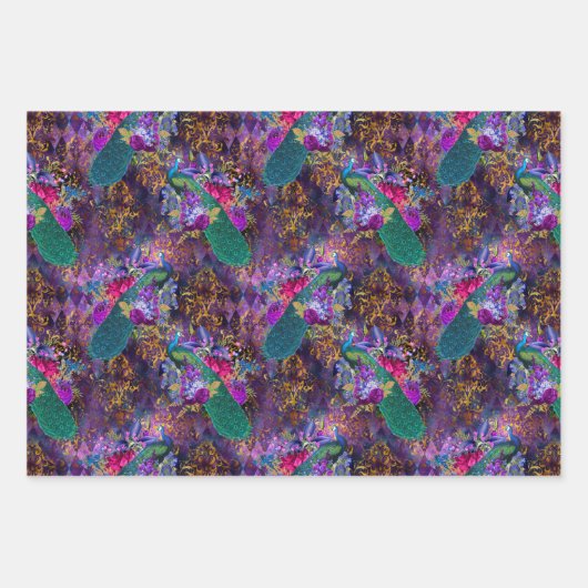 Lebhaftes Illustriertes Pfauenmuster Geschenkpapier Set (Vorderseite 3)