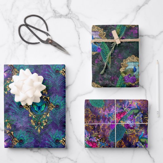 Lebhaftes Illustriertes Pfauenmuster Geschenkpapier Set (Vorderseite)