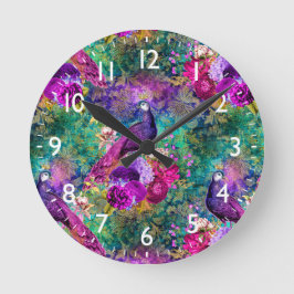 Lebhaftes Illustriertes Pfauenmuster Runde Wanduhr
