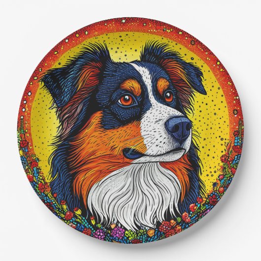 Lebhaftes Illustriertes Portrait eines Hundes Pappteller (Vorderseite)