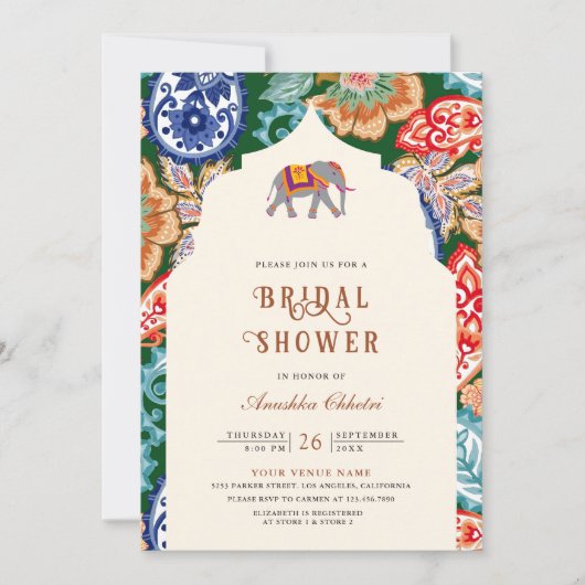 Lebhaftes indisches Folk Art Elephant Brautparty Einladung (Vorderseite)