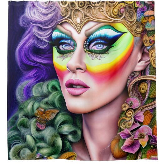 Lebhaftes LGBTQ-Portrait Drag Queen Artwork Duschvorhang (Vorderseite)
