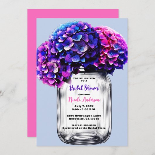 Lebhaftes Lila Blue Pink Hydrangeas-Brautparty Einladung (Vorne/Hinten)