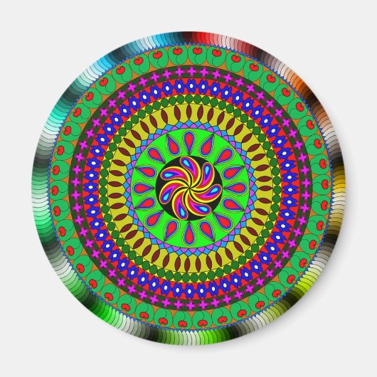 Lebhaftes Lila, grünes, rotes Mandala Magnet (Vorne)