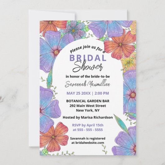 Lebhaftes Lila Orange Boho Blooms Brautparty Einladung (Vorderseite)