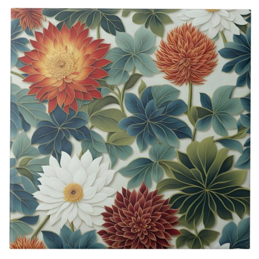 Lebhaftes Lotus- und Chrysanthemum-Design Fliese (Vorderseite)