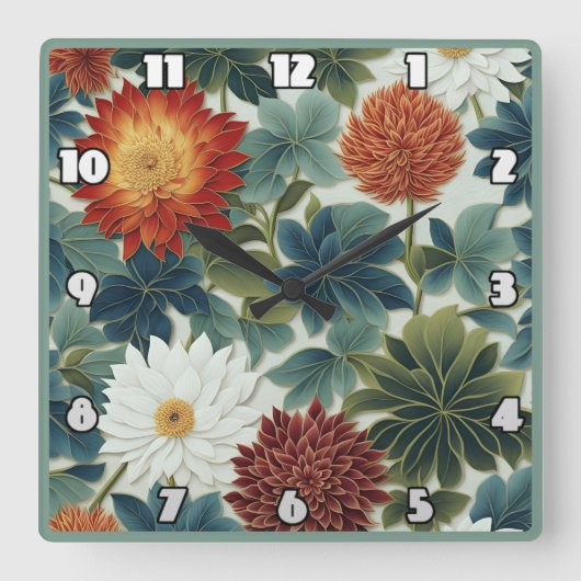 Lebhaftes Lotus- und Chrysanthemum-Design Quadratische Wanduhr (Vorderseite)